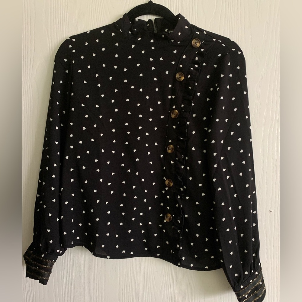 Gently used Shein women’s blouse - black w/Hearts sz S/4